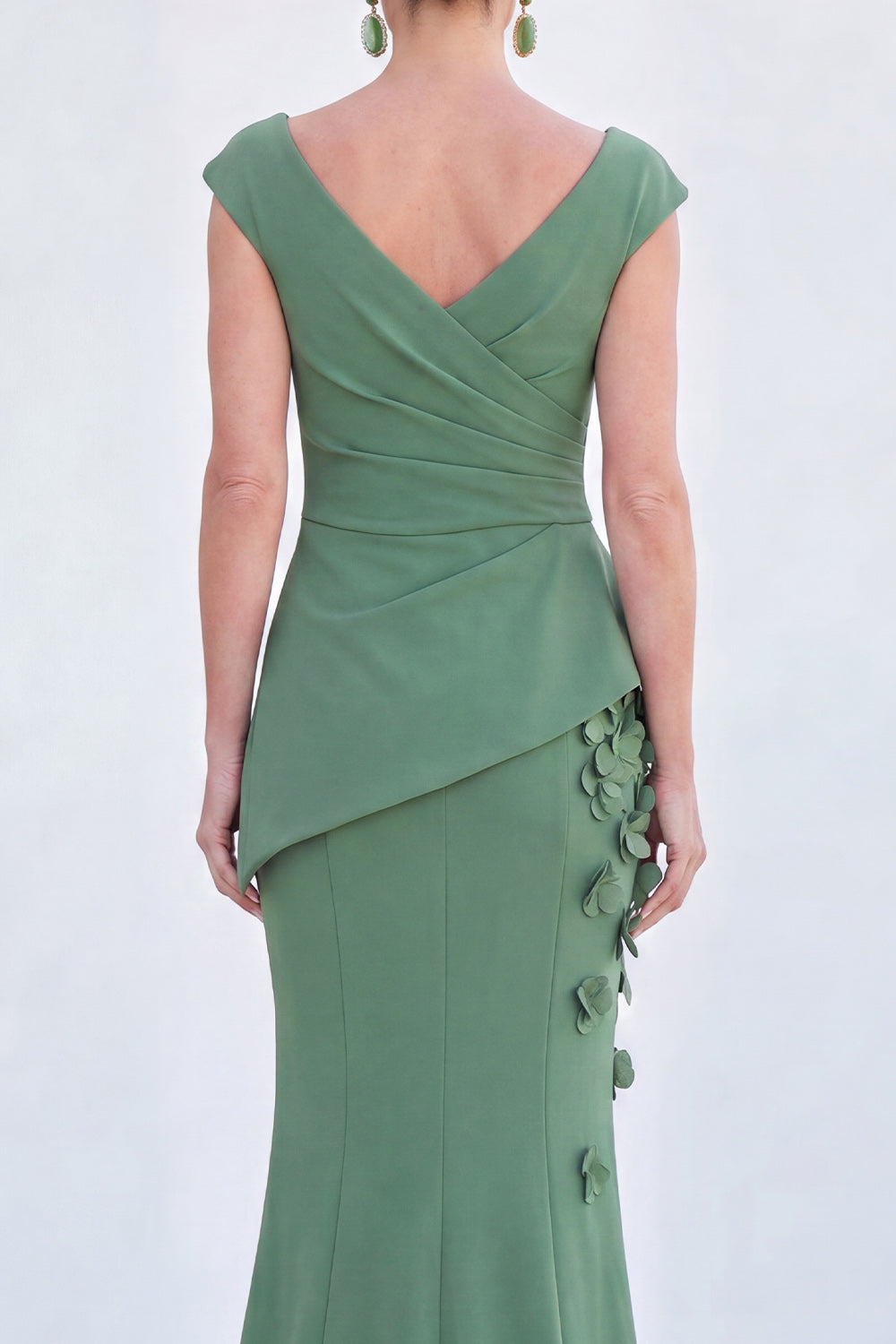 V-Neck Blue Ruched Mermaid Long Mother of the Bride Dress with 3D Flowers