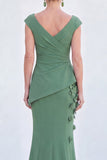 V-Neck Blue Ruched Mermaid Long Mother of the Bride Dress with 3D Flowers