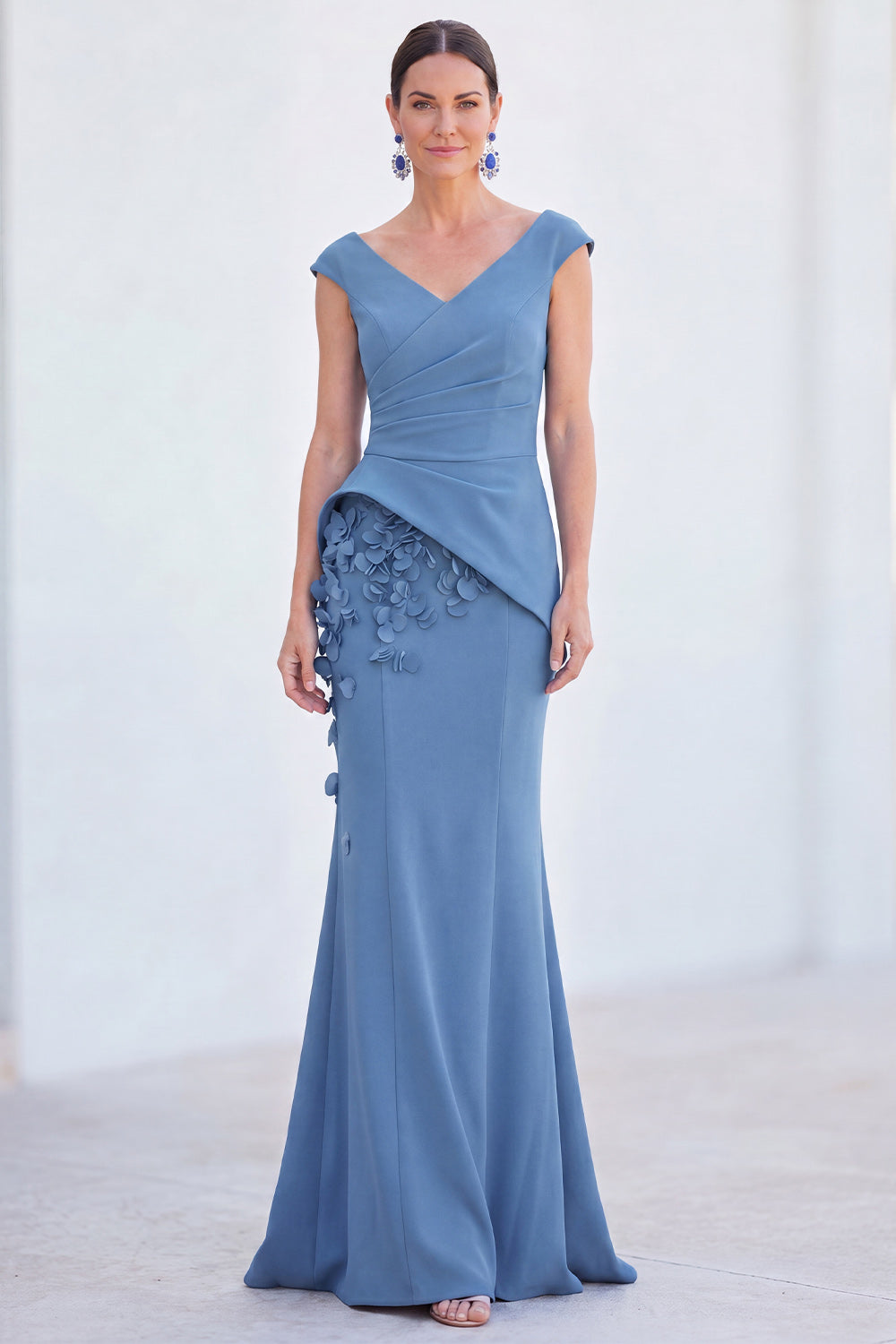 V-Neck Blue Ruched Mermaid Long Mother of the Bride Dress with 3D Flowers