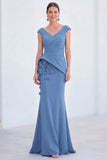 V-Neck Blue Ruched Mermaid Long Mother of the Bride Dress with 3D Flowers