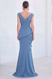 V-Neck Blue Ruched Mermaid Long Mother of the Bride Dress with 3D Flowers