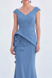 V-Neck Blue Ruched Mermaid Long Mother of the Bride Dress with 3D Flowers
