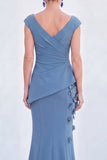 V-Neck Blue Ruched Mermaid Long Mother of the Bride Dress with 3D Flowers