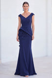V-Neck Blue Ruched Mermaid Long Mother of the Bride Dress with 3D Flowers