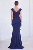 V-Neck Blue Ruched Mermaid Long Mother of the Bride Dress with 3D Flowers
