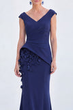 V-Neck Blue Ruched Mermaid Long Mother of the Bride Dress with 3D Flowers