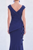 V-Neck Blue Ruched Mermaid Long Mother of the Bride Dress with 3D Flowers