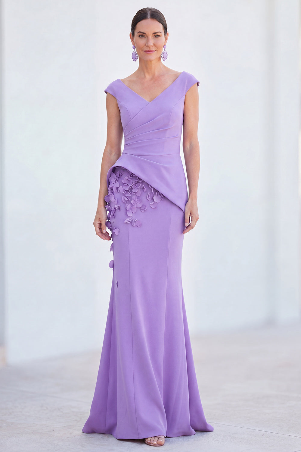 V-Neck Blue Ruched Mermaid Long Mother of the Bride Dress with 3D Flowers