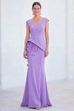 V-Neck Blue Ruched Mermaid Long Mother of the Bride Dress with 3D Flowers