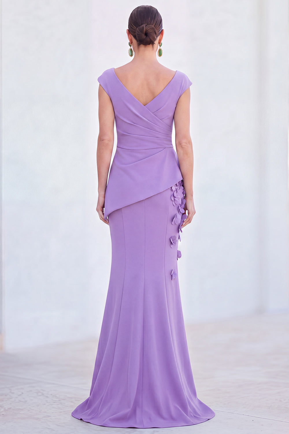 V-Neck Blue Ruched Mermaid Long Mother of the Bride Dress with 3D Flowers