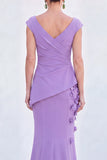V-Neck Blue Ruched Mermaid Long Mother of the Bride Dress with 3D Flowers