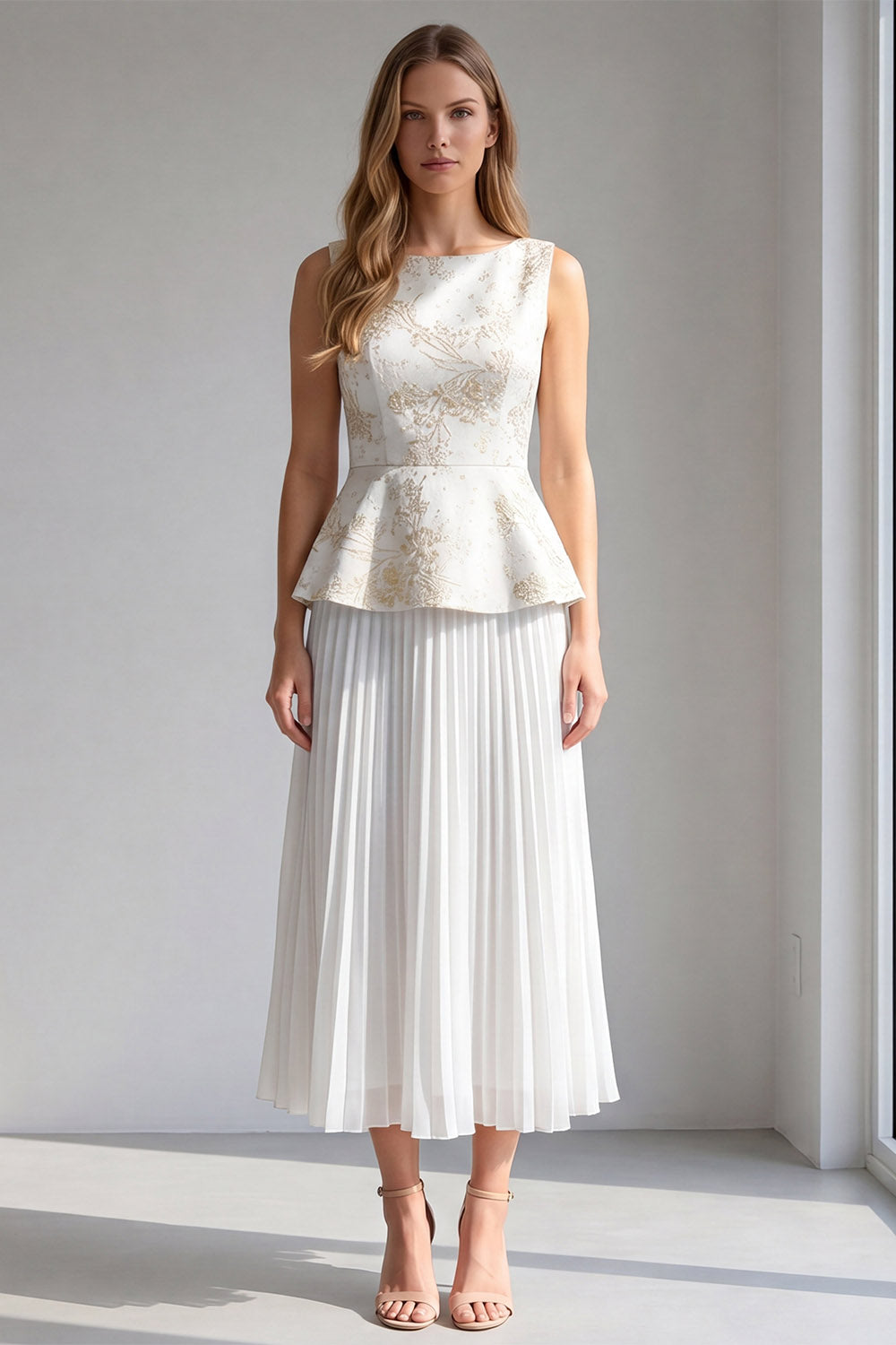 2 Piece Ivory Floral Pleated Boat Neck Long Work Dress