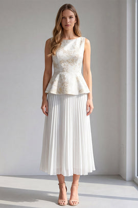 2 Piece Ivory Floral Pleated Boat Neck Long Work Dress