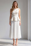 2 Piece Ivory Floral Pleated Boat Neck Long Work Dress