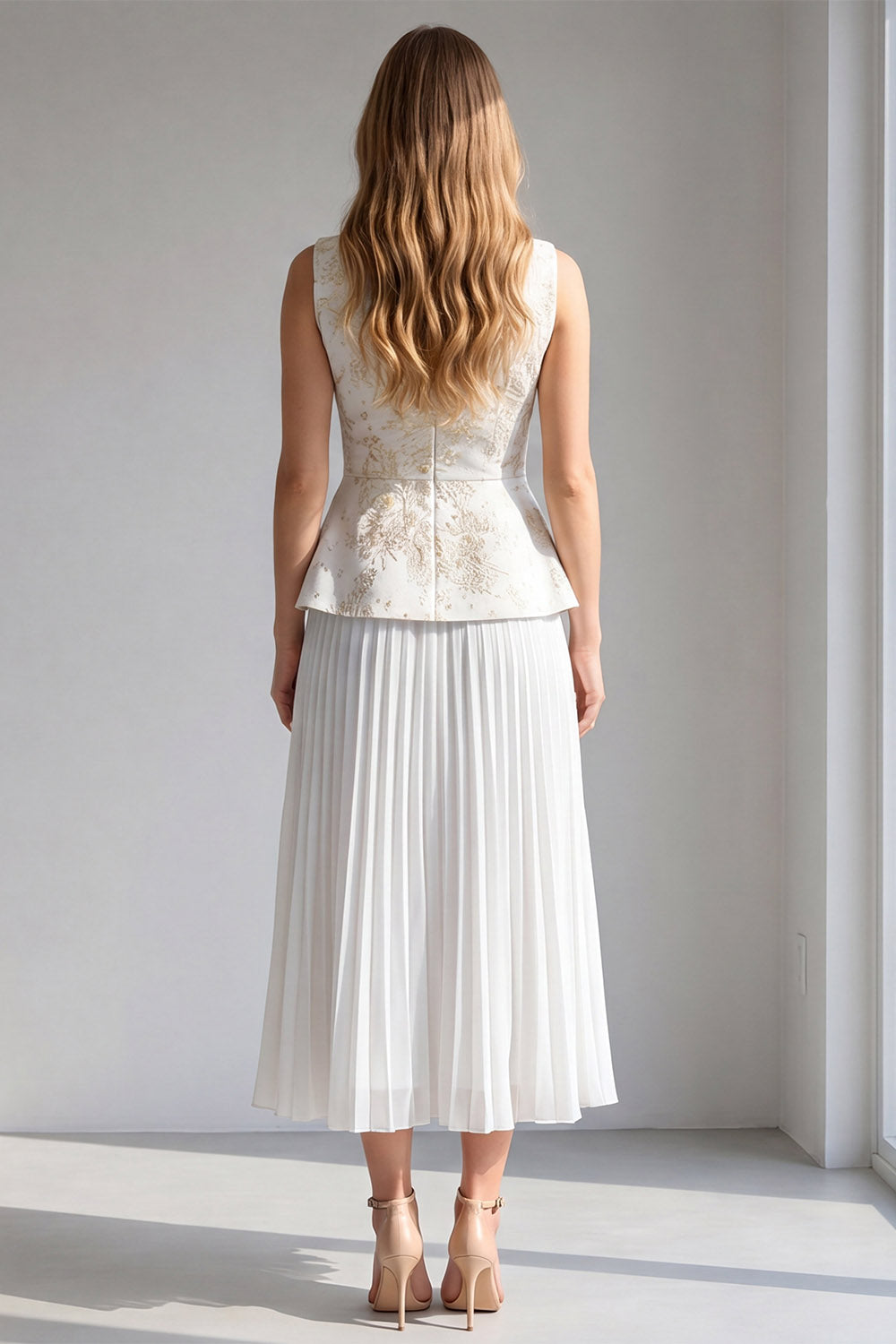 2 Piece Ivory Floral Pleated Boat Neck Long Work Dress