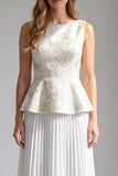 2 Piece Ivory Floral Pleated Boat Neck Long Work Dress