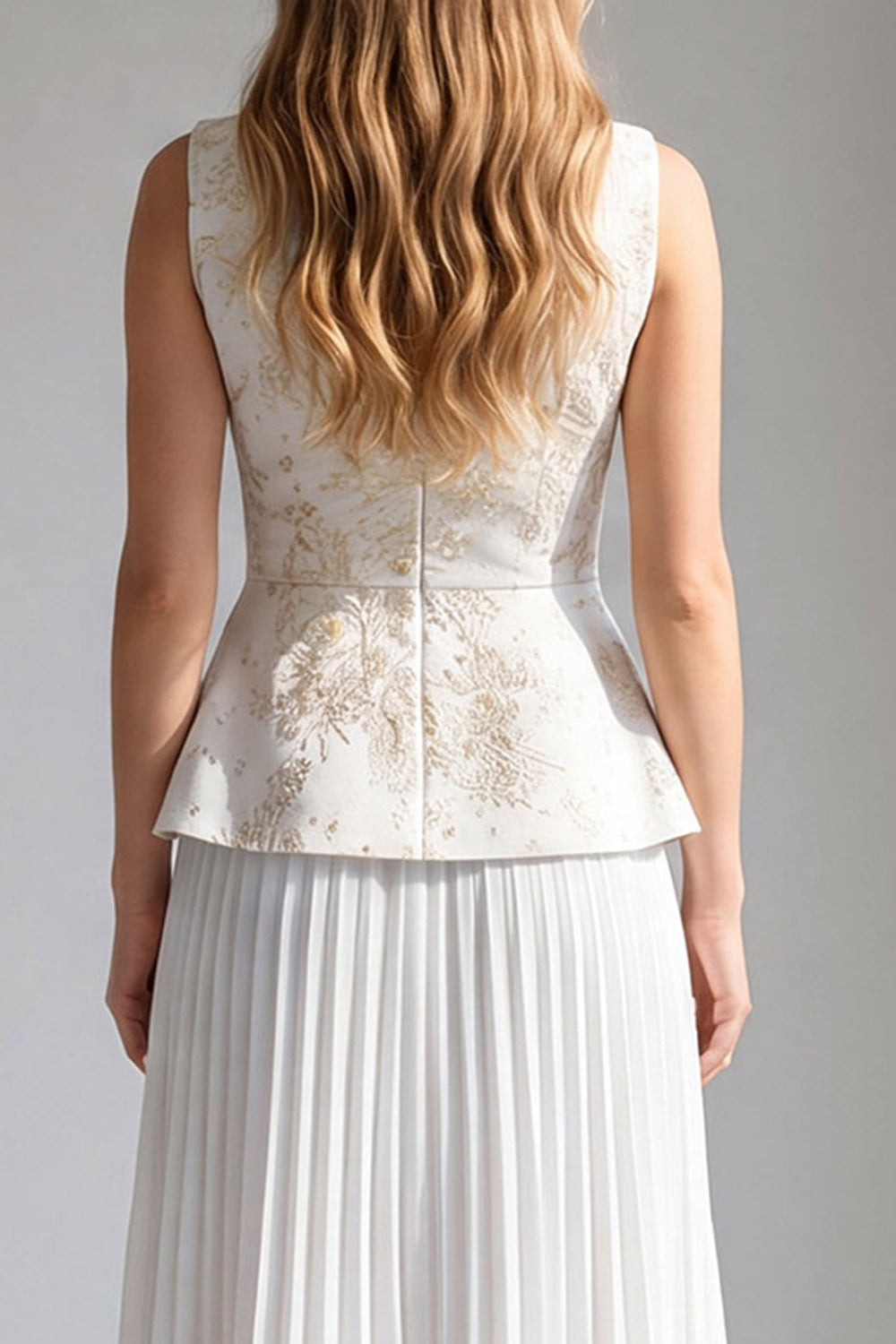 2 Piece Ivory Floral Pleated Boat Neck Long Work Dress