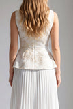 2 Piece Ivory Floral Pleated Boat Neck Long Work Dress