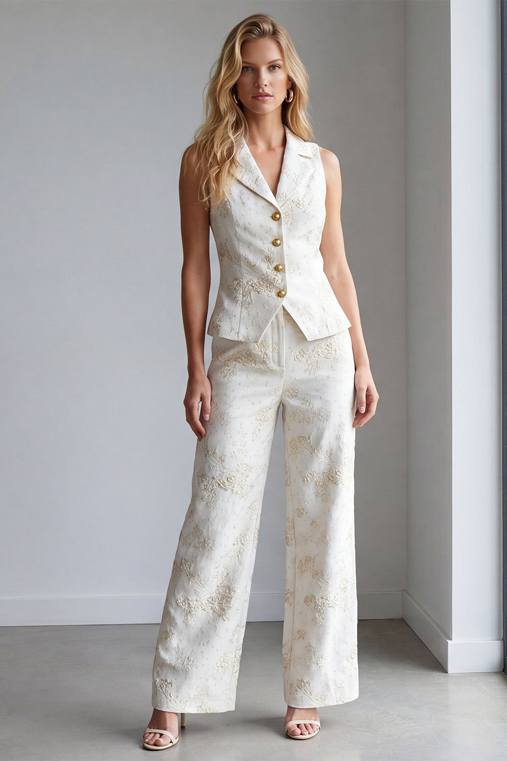 2 Piece Ivory Floral Single Breasted Notched Lapel Work Suits