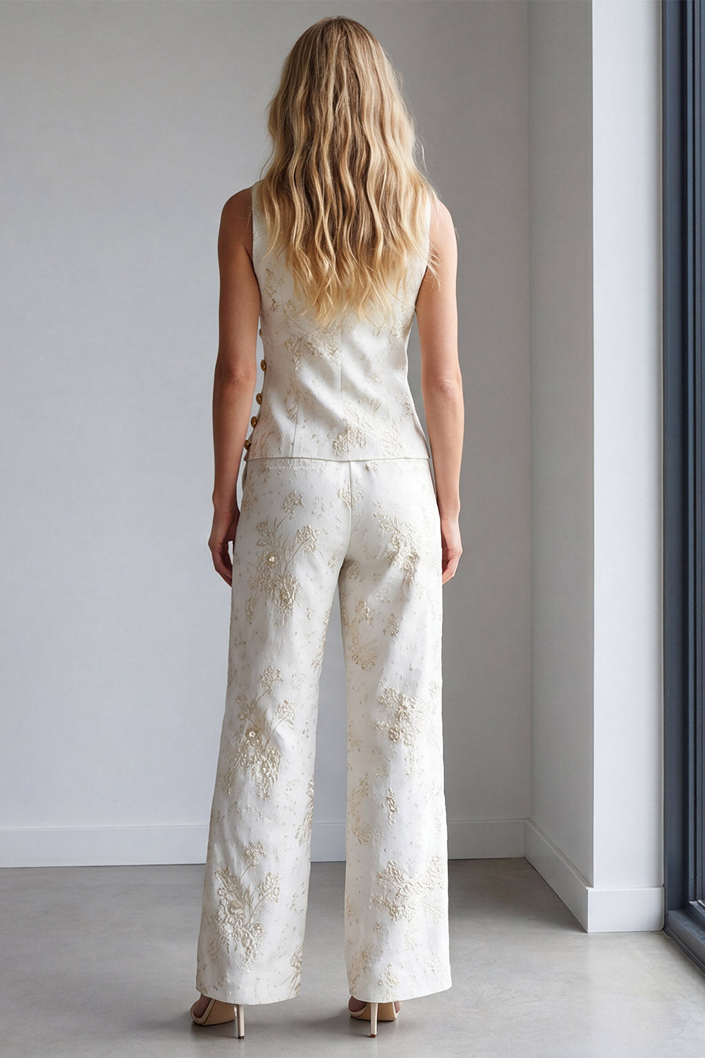 2 Piece Ivory Floral Single Breasted Notched Lapel Work Suits