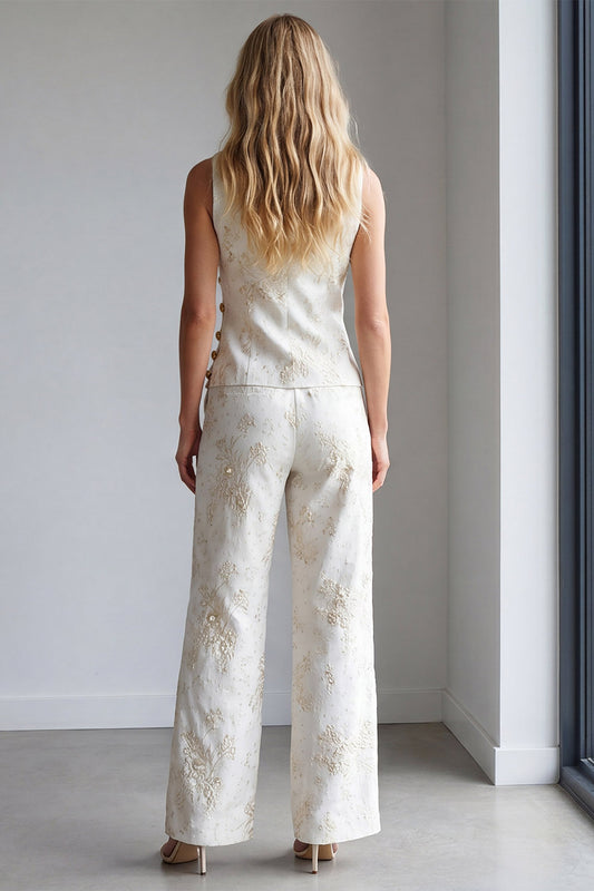 2 Piece Ivory Floral Single Breasted Notched Lapel Work Suits