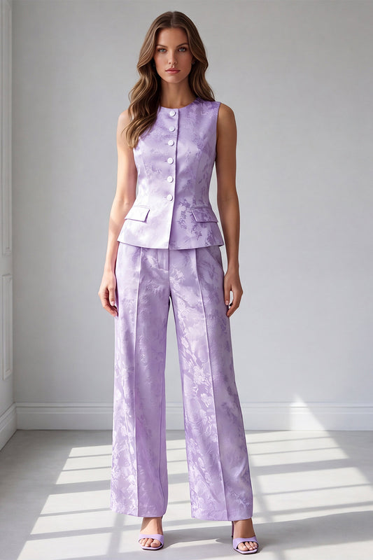 2 Piece Lilac Single Breasted Round Neck Work Suits