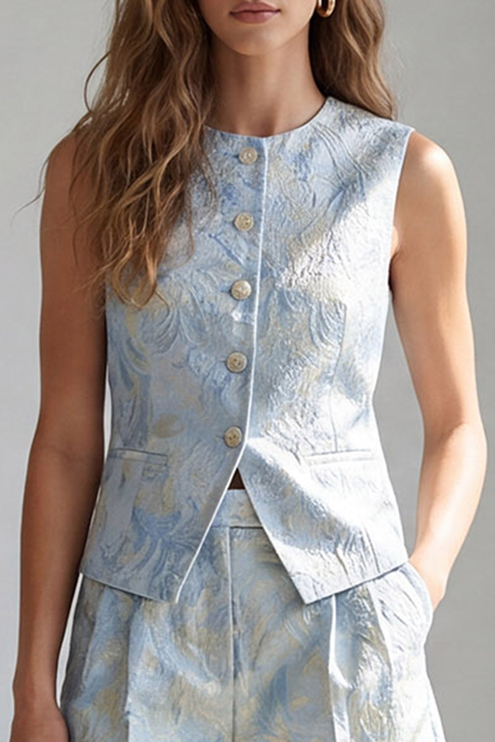2 Piece Light Blue Jacquard Single Breasted Round Neck Work Suits