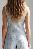 2 Piece Light Blue Jacquard Single Breasted Round Neck Work Suits