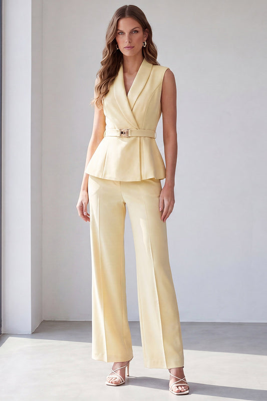 2 Piece Light Yellow Shawl Lapel Work Suits with Belt