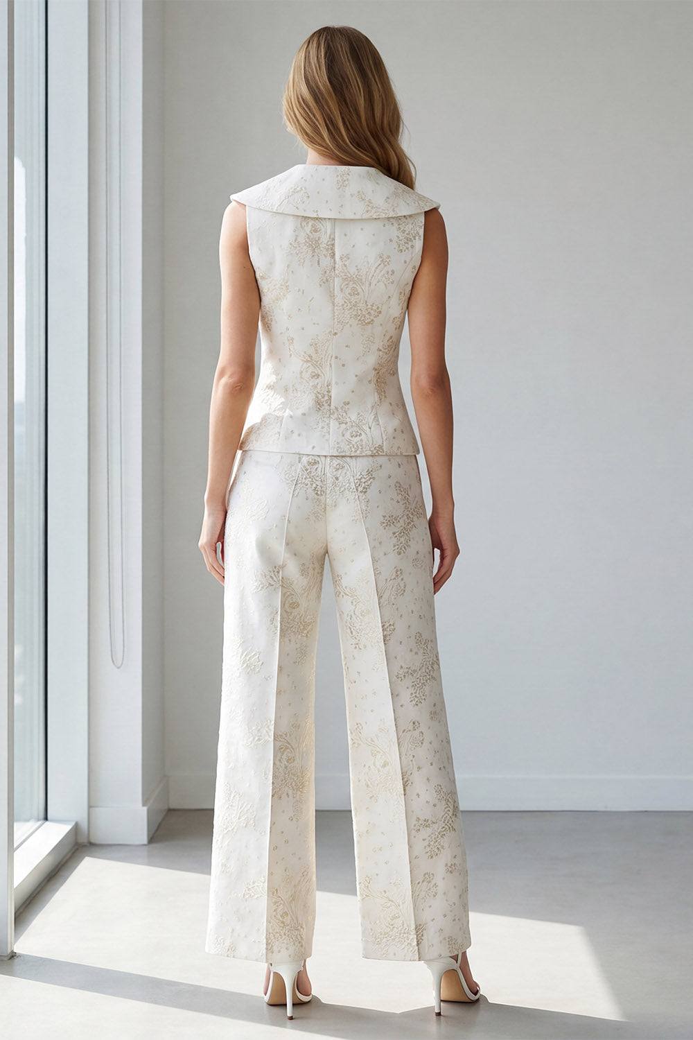2 Piece Ivory Jacquard Single Breasted V-Neck Work Suits