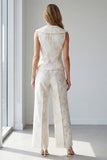 2 Piece Ivory Jacquard Single Breasted V-Neck Work Suits