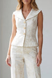 2 Piece Ivory Jacquard Single Breasted V-Neck Work Suits