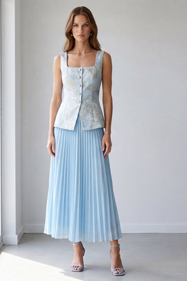 2 Piece Light Blue Pleated Single Breasted Square Neck Work Dress
