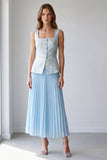 2 Piece Light Blue Pleated Single Breasted Square Neck Work Dress