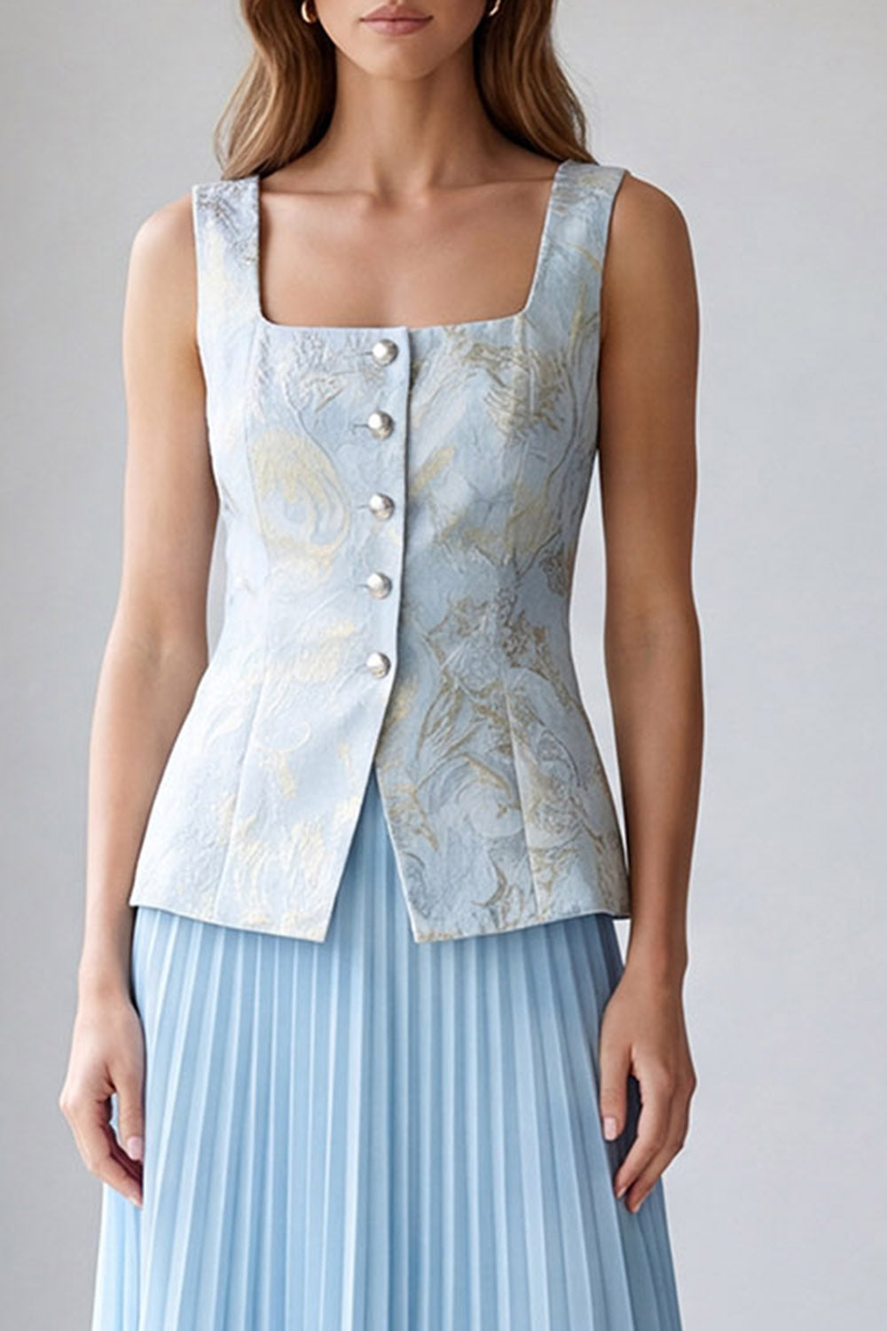 2 Piece Light Blue Pleated Single Breasted Square Neck Work Dress