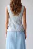 2 Piece Light Blue Pleated Single Breasted Square Neck Work Dress