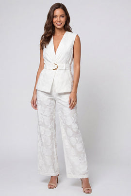 Ivory Floral 2 Piece V-Neck Work Suits with Belt