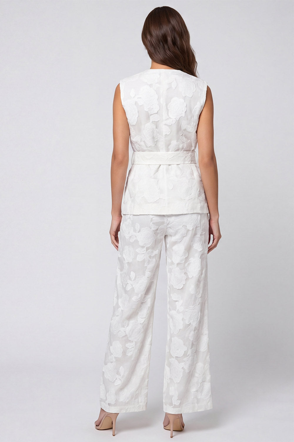 Ivory Floral 2 Piece V-Neck Work Suits with Belt