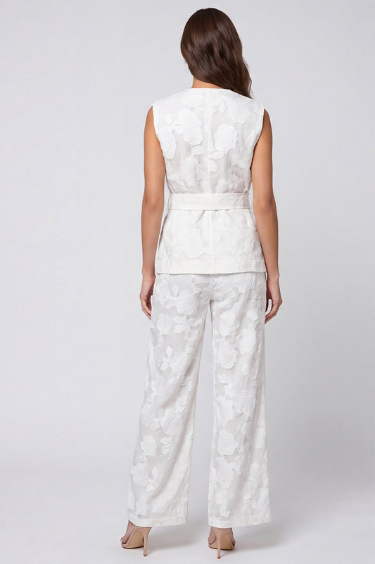 Ivory Floral 2 Piece V-Neck Work Suits with Belt