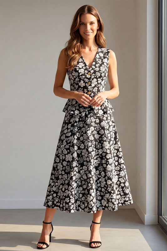 2 Piece Black Floral Single Breasted V-Neck Work Dress