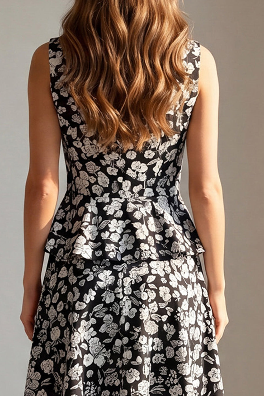2 Piece Black Floral Single Breasted V-Neck Work Dress
