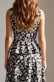 2 Piece Black Floral Single Breasted V-Neck Work Dress