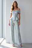 Light Blue Floral Single Breasted Off The Shoulder Work Suits