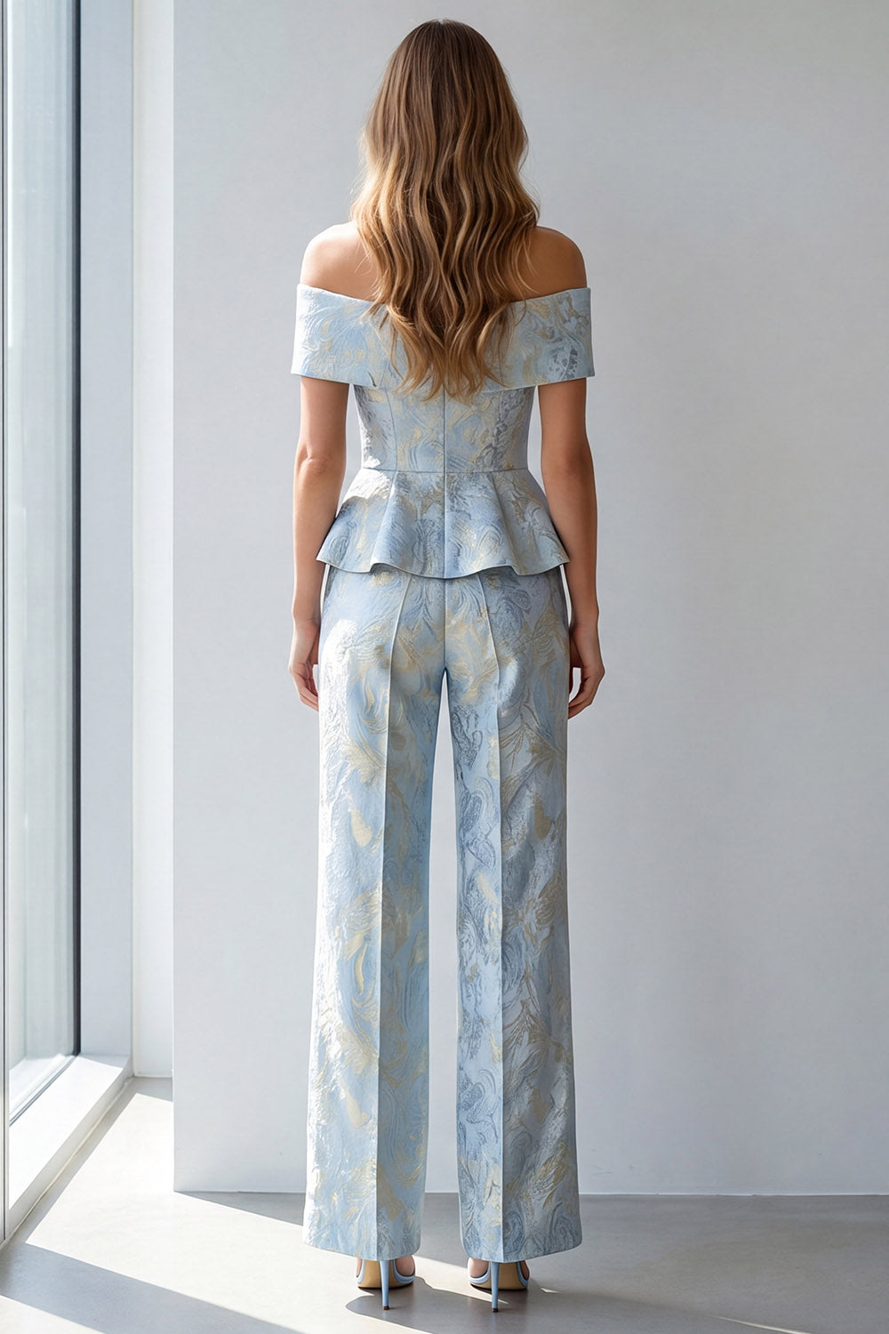 Light Blue Floral Single Breasted Off The Shoulder Work Suits