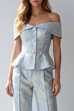 Light Blue Floral Single Breasted Off The Shoulder Work Suits