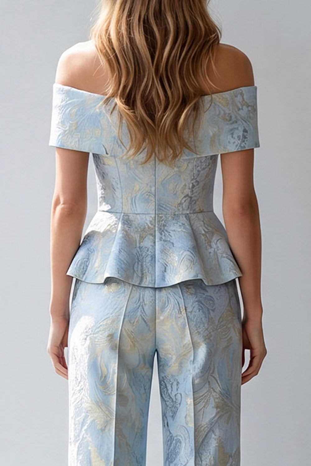Light Blue Floral Single Breasted Off The Shoulder Work Suits