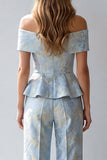 Light Blue Floral Single Breasted Off The Shoulder Work Suits