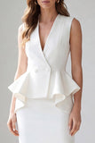 Light Yellow Midi 2 Piece V-Neck Double Breasted Work Dress