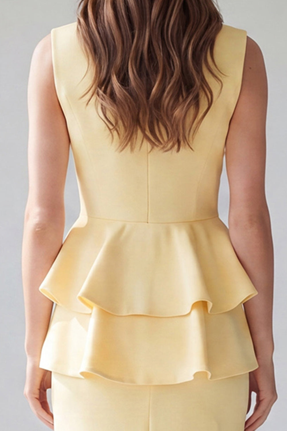 Light Yellow Midi 2 Piece V-Neck Double Breasted Work Dress