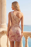 Sparkly Gold and Pink Floral Tight Short Sequin Homecoming Dress